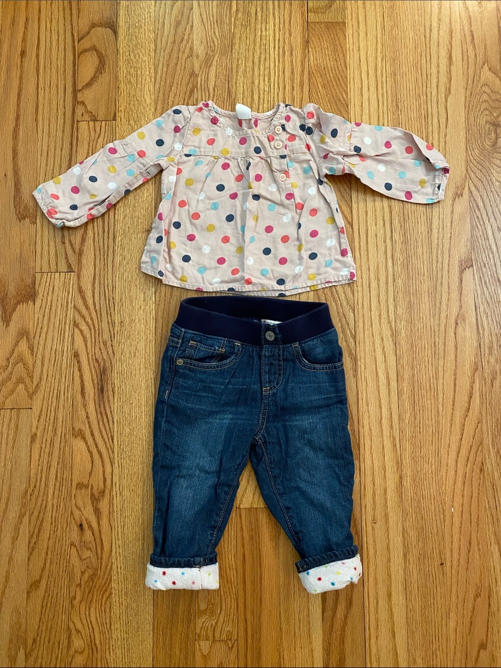 GAP Polka Dot Long Sleeve Blouse and Match Fleece Lined Jeans - Multicolor Dots